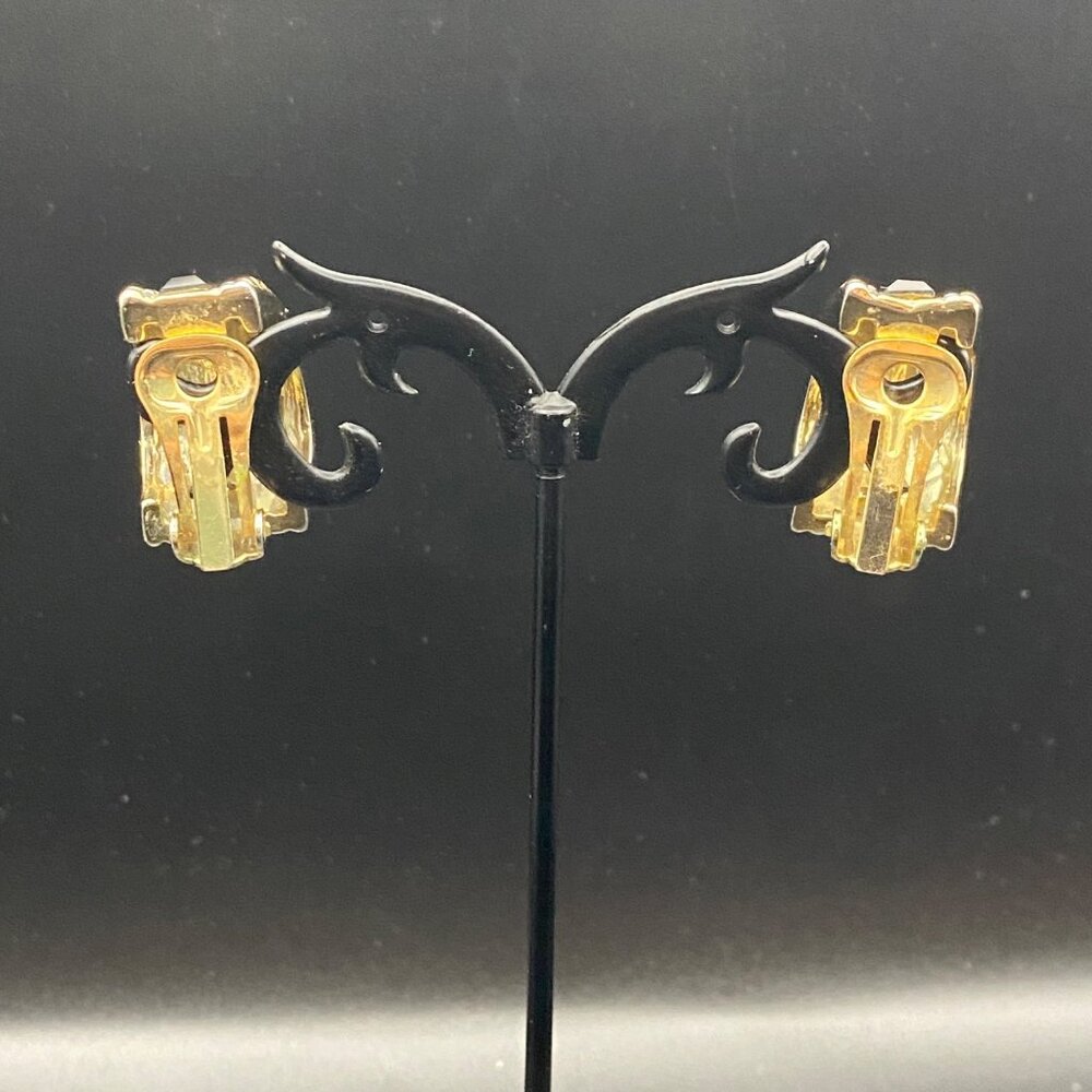 Vintage Clip-On Earrings Hoop Two Tone Black Faceted Glass Statement Chunky - Picture 10 of 10